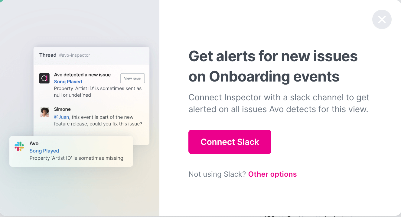 Modal with Slack alerts information and connect button